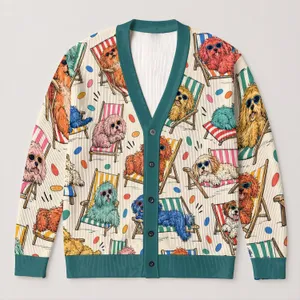 Colorful Shaggy Dogs With Sunglasses For Casual Resort Weekends And Everyday Women All-over Print Knitted Cardigan