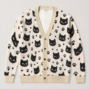 Black Cat and Paw Motifs for Cozy Autumn Layering and Relaxed Women's Everyday Style All-over Print Knitted Cardigan