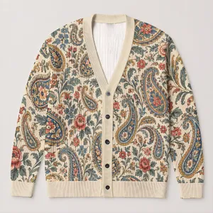 Vintage Paisley Florals for Everyday Layering and Autumn Outings for Women, Boho All-over Print Knitted Cardigan