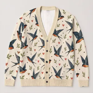 Swallow Bird Motif for Relaxed Autumn Layering, Women's Vintage Country Style Look All-over Print Knitted Cardigan