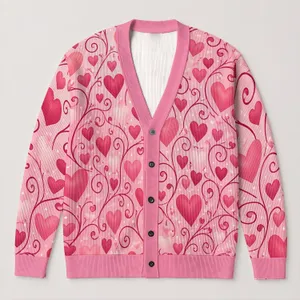 Pink Hearts And Swirls For Valentine Outings And Romantic Everyday Layering Style Wear All-over Print Knitted Cardigan