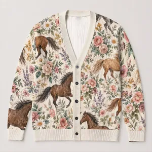 Wild Horse Floral Meadow Scene For Everyday Outings And Bohemian Women's Casual Style All-over Print Knitted Cardigan