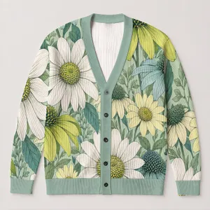 Lime Daisy Floral Botanical Spring Layering Style For Women Everyday Casual Wear All-over Print Knitted Cardigan