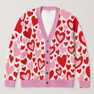 Pink and Red Heart Motif for Valentine Gatherings and Sweet Everyday Layering Style All-over Print Knitted Cardigan