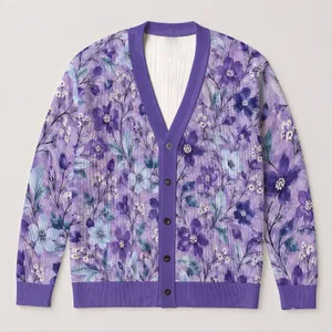 Lavender Violet Floral Blooms for Spring Layering and Relaxed Everyday Style Women All-over Print Knitted Cardigan