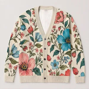 Hand-Drawn Coral Teal Wildflowers for Relaxed Spring Layering and Everyday Casual Style All-over Print Knitted Cardigan