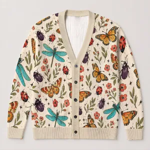 Colorful Dragonflies, Ladybugs And Butterflies For Casual Spring Nature Style Wear All-over Print Knitted Cardigan
