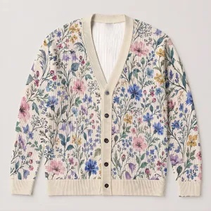 Blue And Lavender Wildflower Bouquet For Everyday Layering, Women's Relaxed Casual Style All-over Print Knitted Cardigan