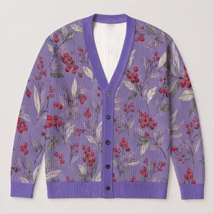 Lavender Berry Botanical Sprigs For Breezy Spring Layering, Women’s Everyday Style All-over Print Knitted Cardigan