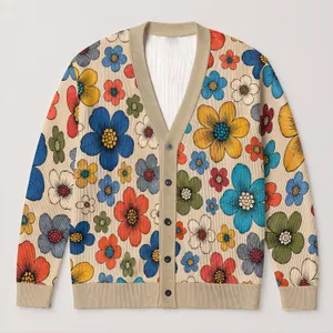 Colorful Floral Blooms for Casual Layering and Everyday Spring Style for Women Year-Round All-over Print Knitted Cardigan