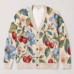 Watercolor Cherries And Blue Garden Flowers For Cozy Autumn Layering Women's Style All-over Print Knitted Cardigan