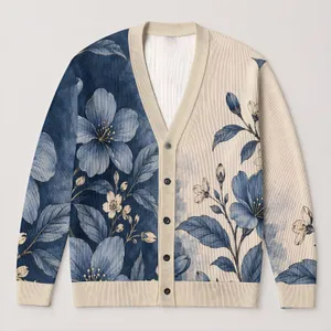 Blue Botanical Blooms For Cozy Autumn Layering And Relaxed Women’s Everyday Style All-over Print Knitted Cardigan