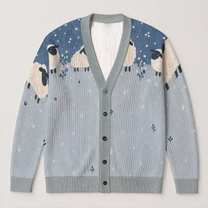 Blue Sheep Winter Motif For Cozy Weekend Layering And Casual Country Style Outfit All-over Print Knitted Cardigan