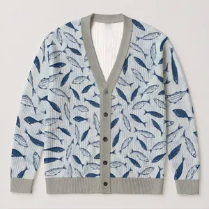 Indigo Fish Motif for Relaxed Coastal Layering and Everyday Autumn Style for Women All-over Print Knitted Cardigan