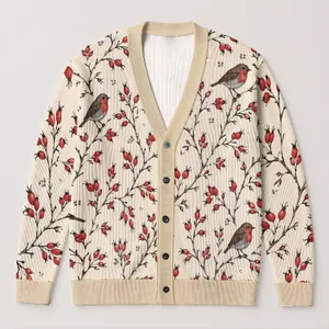 Red-Breasted Birds And Berry Branches For Cozy Autumn Layering, Women's Woodland Style All-over Print Knitted Cardigan