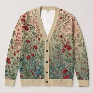 Botanical Wildflower Stems for Autumn Layering and Everyday Cottage Style Women’s Wardrobe All-over Print Knitted Cardigan