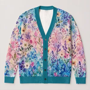 Turquoise Floral Watercolor Blooms for Relaxed Weekend Layering and Bohemian Style All-over Print Knitted Cardigan