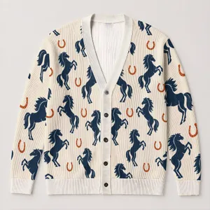 Navy Horse And Horseshoe Motif For Casual Western Equestrian Weekend Country Style All-over Print Knitted Cardigan