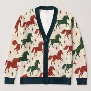 Vintage Red And Green Galloping Horses For Year Of The Horse Casual Everyday Style Women All-over Print Knitted Cardigan