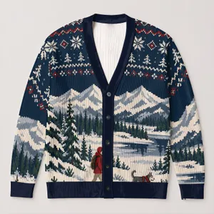Snowy Red-Coat Walker and Dog Winter Scene for Cozy Casual Holiday Layering Outdoors All-over Print Knitted Cardigan