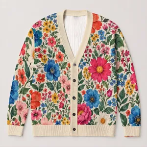 Colorful Floral Garden Blooms for Relaxed Everyday Layering and Weekend Outings All-over Print Knitted Cardigan