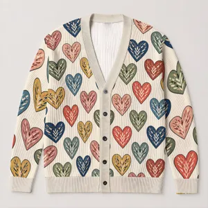 Multicolor Heart Motif For Cozy Everyday Layering And Romantic Fall Weekend Outfits All-over Print Knitted Cardigan