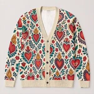 Folk Heart Motif With Floral Accents For Romantic Everyday Layering And Boho Style All-over Print Knitted Cardigan
