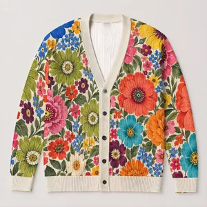 Colorful Vintage Floral Garden Motifs for Relaxed Everyday Layering and Weekend Style All-over Print Knitted Cardigan