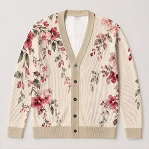 Watercolor Red Floral Branches for Casual Autumn Layering, Women’s Botanical Style All-over Print Knitted Cardigan