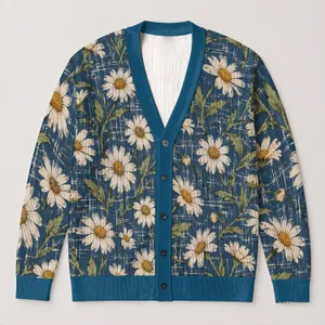 Cream Daisy And Olive Vine Floral Blue Casual Layering Style For Women, Autumn Everyday All-over Print Knitted Cardigan