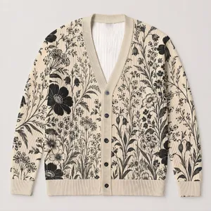 Black Botanical Meadow Florals for Relaxed Autumn Layering and Everyday Women’s Style All-over Print Knitted Cardigan