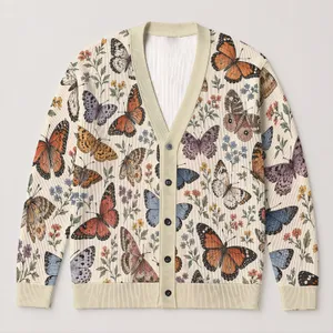 Vintage Butterfly Meadow Motifs for Relaxed Spring and Autumn Layering Women Nature Lover All-over Print Knitted Cardigan