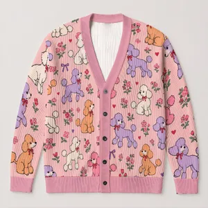 Colorful Poodle Motifs For Cheerful Autumn Layering And Women's Cozy Everyday Style All-over Print Knitted Cardigan