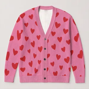 Red Heart Motifs for Valentine Layering, Commuting, and Everyday Office Style for Women All-over Print Knitted Cardigan