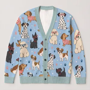 Whimsical Spectacled Dogs for Relaxed Weekend Outfits, Playful Pet Lover Everyday Style All-over Print Knitted Cardigan