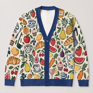 Colorful Food And Drink Doodle Motifs For Casual Everyday Layering And Brunch Style All-over Print Knitted Cardigan