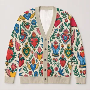 Sacred Heart Folk Motifs With Winged Hearts For Casual Layering And Weekend Style All-over Print Knitted Cardigan