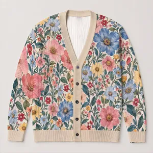 Pastel Blue Pink Floral Blooms for Easy Everyday Layering and Weekend Wear for Her All-over Print Knitted Cardigan