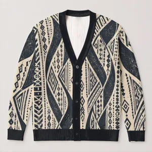 Ivory Navy Interlaced Geometry for Casual Layering and Everyday Women's Wardrobe Appeal All-over Print Knitted Cardigan