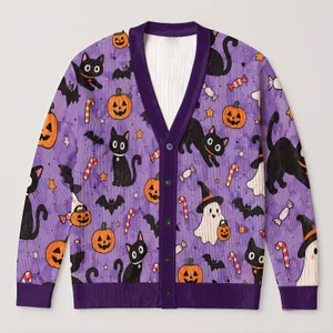 Cute Halloween Cats, Ghosts and Pumpkins for Cozy Autumn Layering and Festive Parties All-over Print Knitted Cardigan