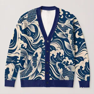 Navy Koi Fish Waves for Relaxed Fall Layering, Japanese Style for Women All-over Print Knitted Cardigan