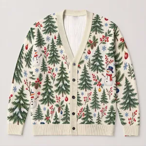 Evergreen Trees And Snowmen For Cozy Holiday Layering And Winter Weekend Style Wear All-over Print Knitted Cardigan