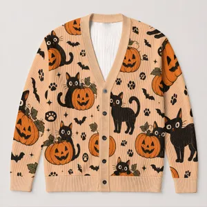 Pumpkin Cat Halloween Motif for Cozy Autumn Layering, Women's Seasonal Style Gift All-over Print Knitted Cardigan