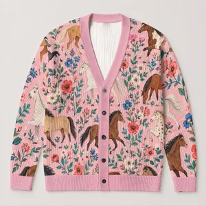 Pastoral Horse And Wildflower Motifs For Bohemian Weekend Layers And Country Getaways All-over Print Knitted Cardigan