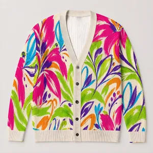 Neon Floral Graffiti Street Art for Autumn Layering, Vibrant Y2K Women’s Style All-over Print Knitted Cardigan