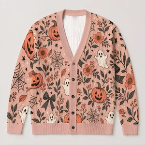 Whimsical Halloween Pumpkins, Ghosts and Florals for Cozy Autumn Layering Women's Style All-over Print Knitted Cardigan