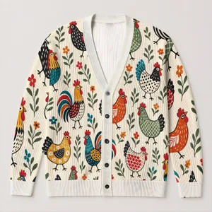 Playful Rooster Farmyard Motif for Casual Art Exhibitions and Everyday Women’s Style All-over Print Knitted Cardigan
