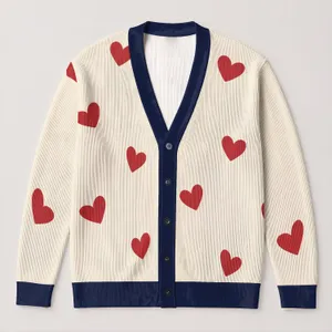 Red Heart Motifs On Cream Ground For Romantic Spring Layering, Campus Days, And Travel All-over Print Knitted Cardigan