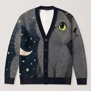 Cute Moonlit Kitten Cat And Stars For Cozy Autumn Layering And Casual Youthful Style All-over Print Knitted Cardigan