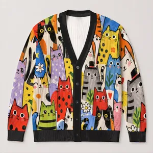 Colorful Cartoon Cat Party for Casual Everyday Layering and Pet Lover Gifts for Women All-over Print Knitted Cardigan